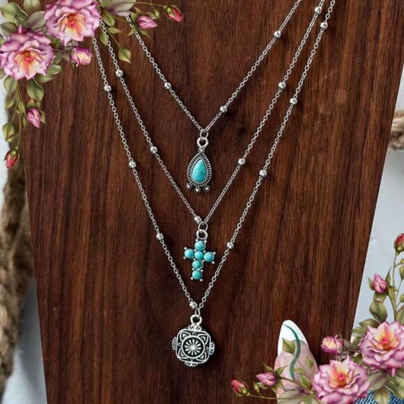 3pcs fake Turquoise cross Western Cowgirl Vintage style Chain Necklace Set - Picture 1 of 12